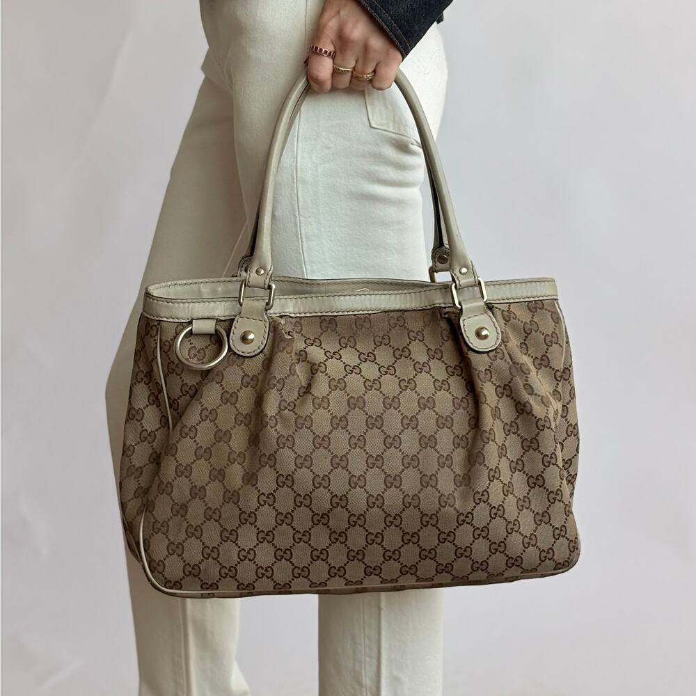 Gucci Sukey Bag Beige GG Monogram Canvas Tote with Cream Leather Handles